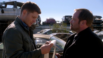 Dean reads Crowley's contract; with his lips moving (great touch, Jensen!). Dean reads Crowley's contract; with his lips moving (great touch, Jensen!).